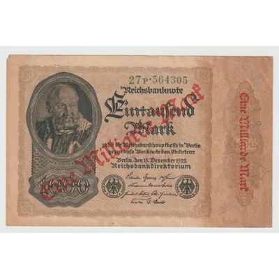 1922 1000 Márka - 1923 Eine Milliarde Mark felülnyomással