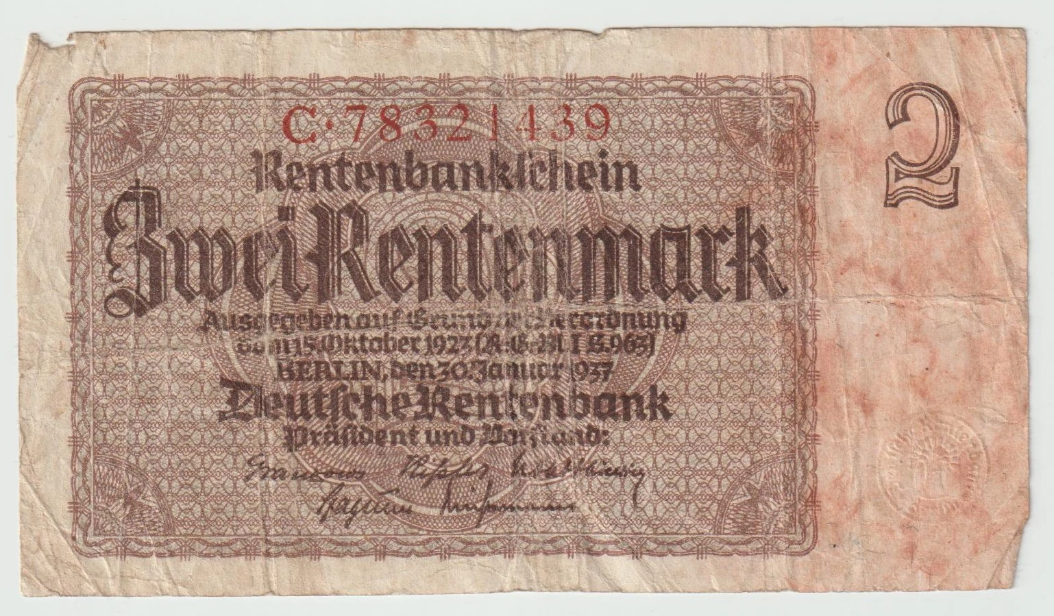 1937 Zwei Rentenmark bankjegy - Deutsche Rentenbank